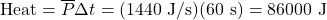 \mathrm{Heat}=\overline{P}\Delta t = (1440\ \mathrm{J/s})(60\ \mathrm{s})=86000\ \mathrm{J}